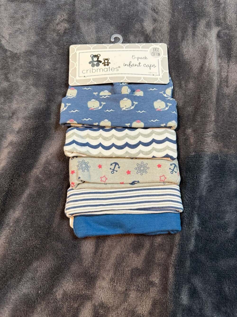 Kids Cribmates 5-Pack Infant Caps Nautical Whale Anchor Blue Cotton New # 87